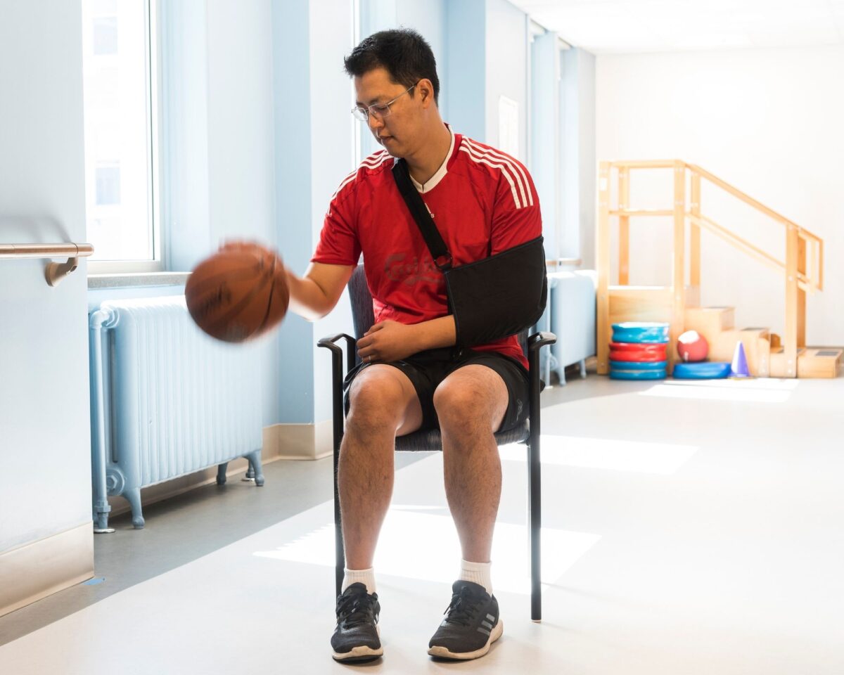 Bruyère Stroke Rehabilitation patient bounces basketball