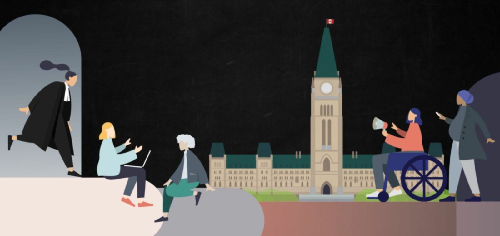 Illustration of a diverse group of women in front of parlimatent hill.