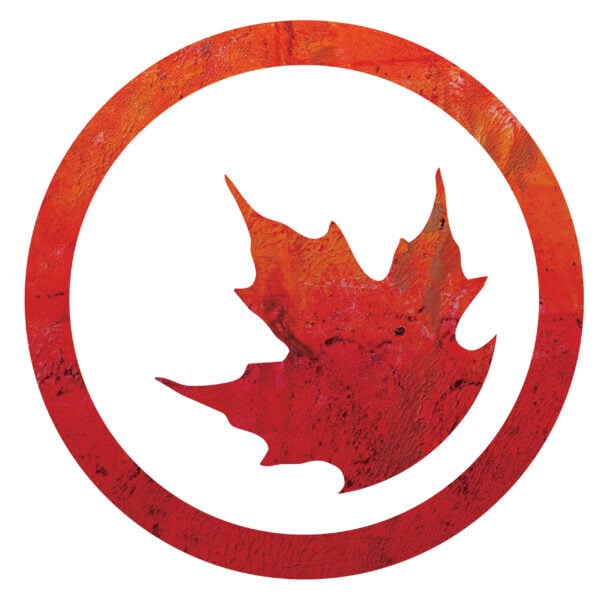 Une feuille d'érable rouge dans un cercle rouge sur fond blanc.